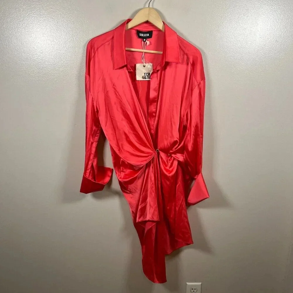 SER.O.YA Demi Silk Dress Size Medium Neon Coral Pink Shirt Dress Wrap Party